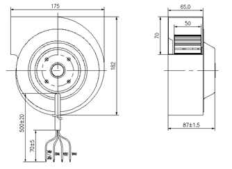 單進(jìn)風(fēng)前傾式蝸殼離心風(fēng)機YWFF133外形尺寸圖